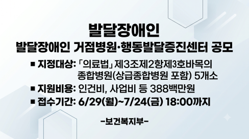 2026년 발달장애인 거점병원·행동발달증진센터 공모 대문사진, 이미지설명-2026년 발달장애인 거점병원·행동발달증진센터 공모 내용입니다.